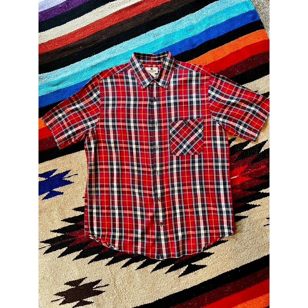 Woolrich Shirt Mens Large Red Plaid short sleeve Button Down Preppy